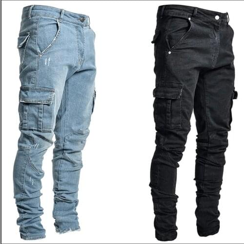 Mens cargo jeans casual pants slim fit side pocket Straight denim trousers Streetwear Hip hop jeans men