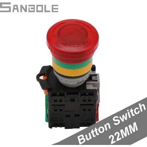 22MM Emergency Stop Push Button Switches TN2 Red Button With Lamp Reset Momentary Type 1NO1NC Switch Accessories