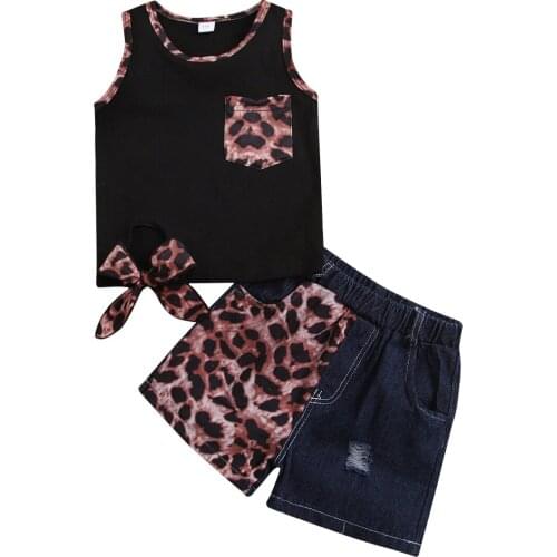 2 Pieces Kids Suit Set, Leopard Round Neck Sleeveless Pullover+ Short Pants for Toddler, 1-5 Years