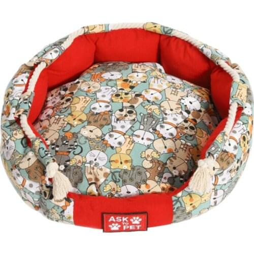 New Pet Dog Bed Nest Round Cartoon Printed Kennel Breathable Dogs Canvas House Pets Product