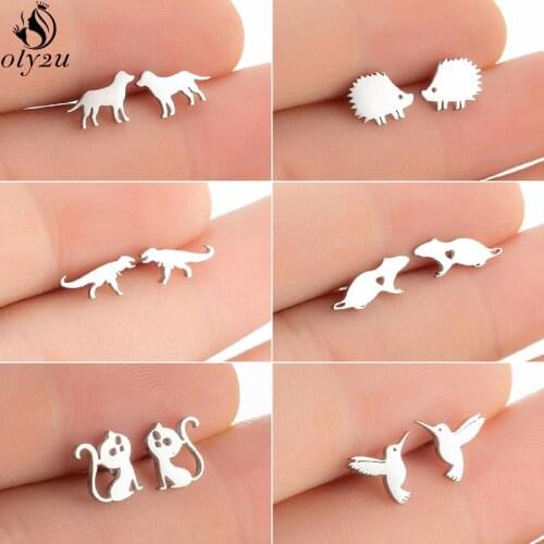 Small Stainless Steel Animal Stud Earrings for Women Female Stainless Steel Hedgehog Dog Mouse Bird Earings Jewelry Kids Gift