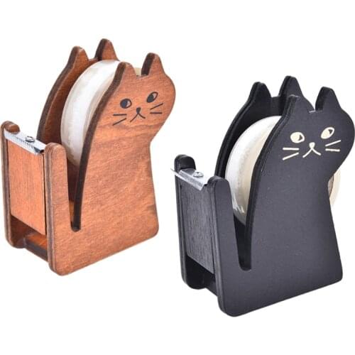 Mini Cutting Holder Packing Machine Split Sealer Kit Vintage Wooden Kawaii Cat Tape Dispenser Cutter
