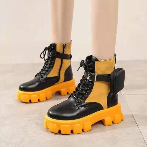 TGHDOF Black Punk Ankle Platform Motorcycle Martin Boots Women Lace up Chunky Heel Belt Buckle Pocket Designer Shoes Women 35-43