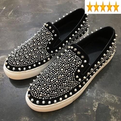 Casual Walking Mens Footwear Breathable Genuine Leather Shoes Slip On Flat Sneakers Fashion Punk Rivet Diamonds Loafers