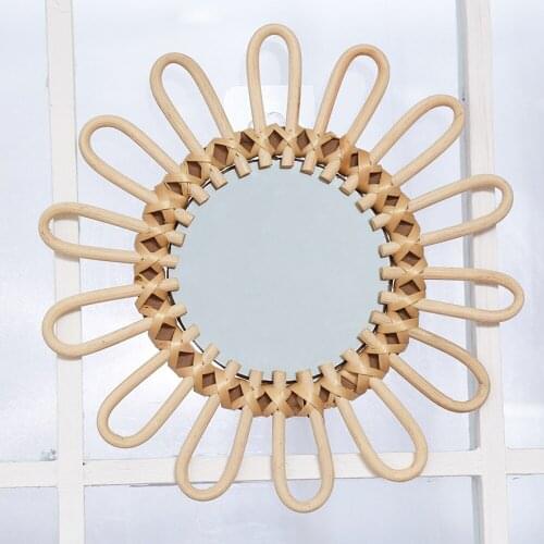 Rattan Round Makeup Mirror Innovative Art Homestay Decoration Dressing Bathroom Wall Hanging Mirrors Crafts Photo Props