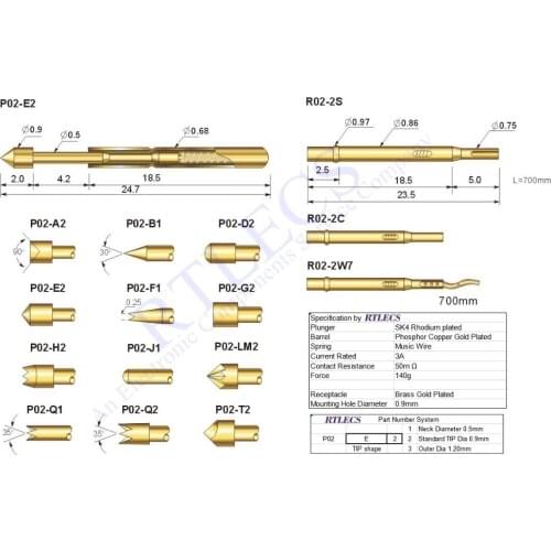 100pcs Bare PCB 1.27 mm Pitch Spring Test Probe P02 Testing Pin 24.7mm Length 0.68mm Dia Gold plate TIP styles Sockets to order