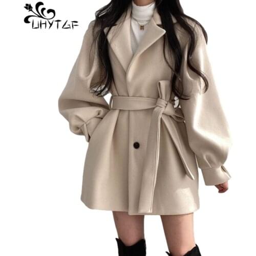 UHYTGF With Belt Loose Woolen Jacket Women Basic Coat Long Sleeve Side Pocket Female Outerwear Single-breasted Chic Overcoat 955