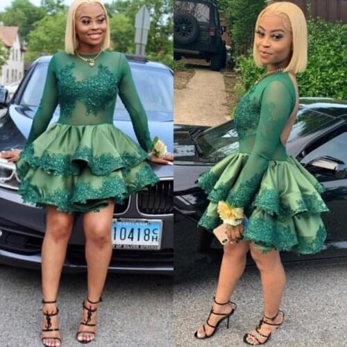 Dark Green Jewel Neck Long Sleeve Backless Homecoming Dresses Illusion Appliques Lace Ruched Tiered Satin A Line prom gowns