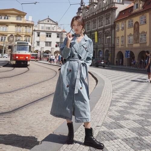 Womens trench coat 2020 new Jeans Coats Spring Elegant Lapel Denim Belt Long Big Size Trench Women Double breasted Windbreaker