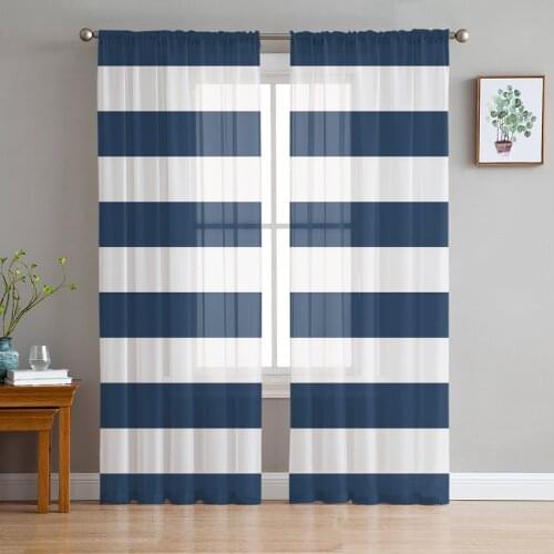 Striped Blue And White Print Sheer Window Panel Curtains Room for Living Room Bedroom Kitchen Room Chiffon Tulle Curtains