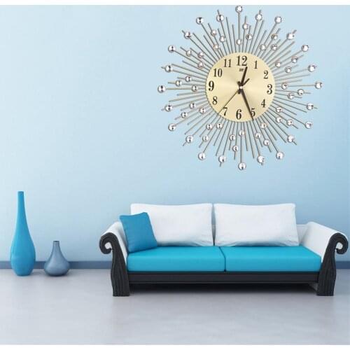 Vintage Metal Crystal Sunburst Rhinestone Analog Quartz Diamond Large Wall Clock Da Parete Clock Design Home Decor Wandklok