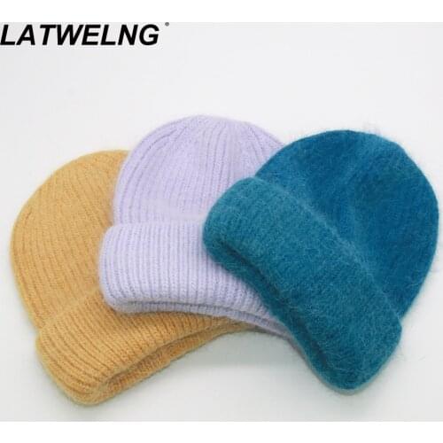 10 Colors Women Man Real Rabbit Knitted Beanies Hat High Lengthen Thicken Elasticity Hedging Cap Winter Warm Hats Wholesale