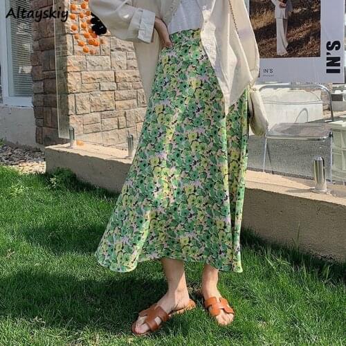 Skirts Women Floral Ankle-length Summer Korean Style Elegant Lady Holiday Beach Sweet A-line Aesthetic Breathable Soft Female