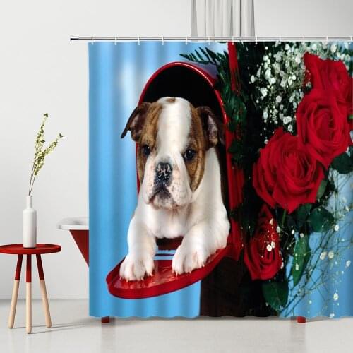 Funny Animal Shower Curtain Cute Dog Cat Creative Pet Red Rose Pattern Bathroom Decor Polyester Home Bath Hanging Cloth Curtains