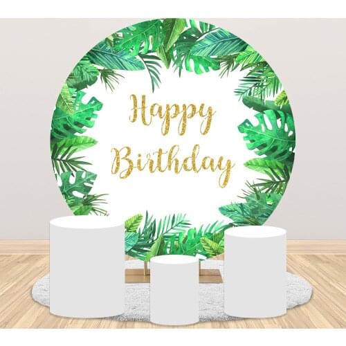 Green Leaves Round Backdorp for Photography Safari Jungle Woodland Theme Party Decoration Supplies Photocall Gold Glitter Dots