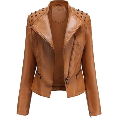 PU Leather Jackets for Women Oversize Leather Biker Jacket with Rivet Plus Size Motorcycle Coat Black Faux Leather Jacket 2020