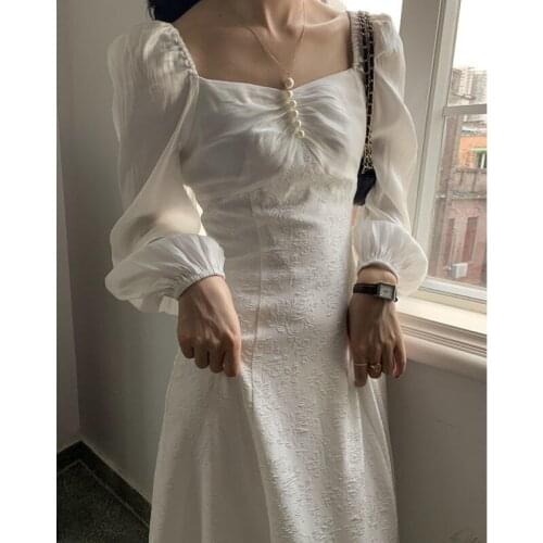 Women Dresses Womens Square Collar Vintage Jacquard Satin Dress Fall Long Sleeve Dress Vestido De Mujer Femme Robe