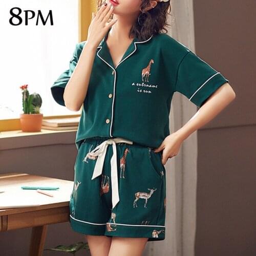 Women Summer Daily Pajamas Shorts Set Cartoon Giraffe Print 2 Pieces Shorts Cotton Loose Pijamas Elastic Pajamas Party ouc1064