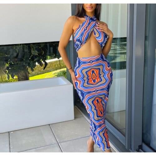 Tie Dye Print Women 2 Pieces Halter Crop Top Tanks Midi Skirt Set Bodycon Sexy Streetwear Party Elegant Club 2021 Summer New