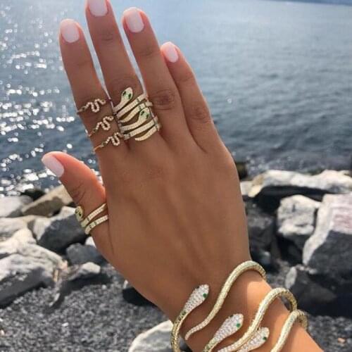 Micro pave cz multi wrap snake ring women full finger jewelry gold color white green cz cubic zirconia engagement band ring