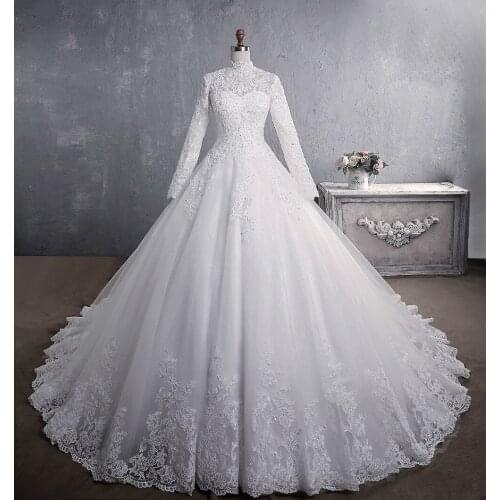 New Romantic Sweet Elegant Princess Luxury Lace Wedding Dress 100 cm Long Sleeves Appliques Celebrity Ball Gown vestido De Noiva