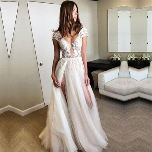 ANGELSBRIDP A-Line Wedding Dresses Robe de mariee Sexy Backless Applique Side Split Floor-Length Formal Bridal Gown Plus Size