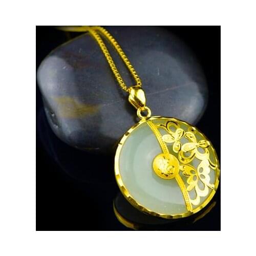 Gold inlaid safety buckle pendant Female Hetian jade flower opened rich four-leaf cloverH72