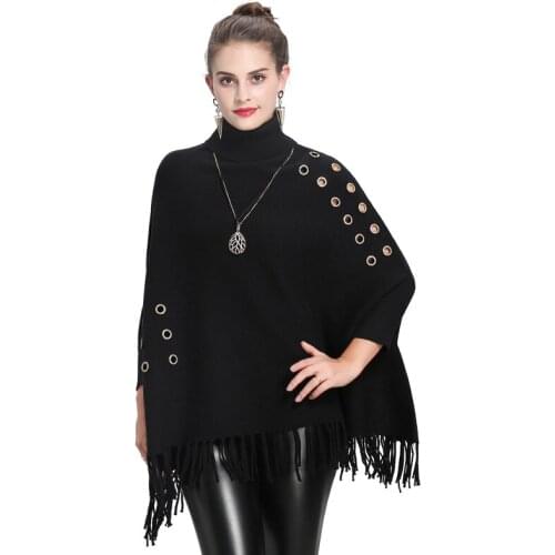 2021 High Neck Streetwear Tassel Black Red Poncho Autumn Knitted Long Bat Sleeves Korean Hollow Button Sweater Women Pullovers
