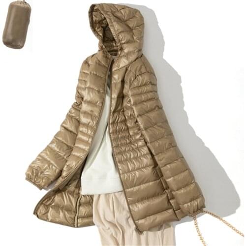7XL Ultra Light Fall Winter Woman White Duck Down Hooded Long Jacket Female Overcoat Slim Solid Jackets Coat Portable Parkas