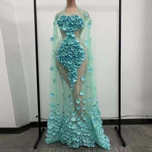 3d Flower mermaid long Dress rhinestone sexy See through Women Birthday Costume Prom Tail Dresses Evening Party fairy wedding