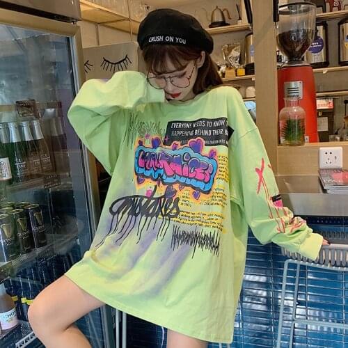 Autumn Punk T Shirts Long Sleeve Fashion Korean Streetwear Ladies Tops New Graffiti Tees Women Printed Casual Hip Hop Clothing