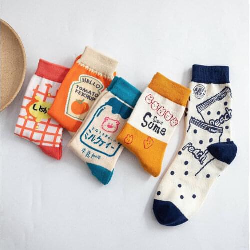 Japanese style Cotton Socks Women Cute Cartton Checkered Kawaii Milk Peach ​Fance Sock Fun Autumn Winter 1 Pair
