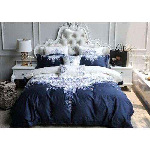 J/7Pcs White Blue 100S Egyptian Cotton Luxury Royal Bedding Set Oriental Embroidery Queen King size Duvet Cover Bed sheet set