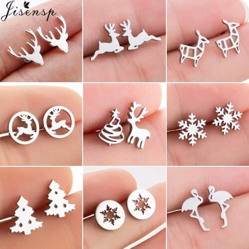 Jisensp Cute Deer Animal Stud Earrings Small Snow Earing for Girls Kid Stainless Steel Christmas Jewelry Earing Women pendientes