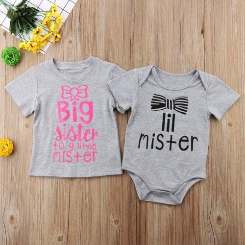 Cute Brother and Sister Clothing T-shirt Baby Boys Cotton Rompers Big Sister Girls Summer Tee Matching Tops