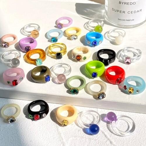 Korean Fashion Colorful Transparent Acrylic Rings For Women Irregular Rectangle Rhinestone Resin Rings for Female Girls Jewelry