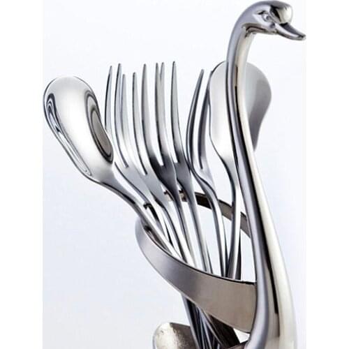 Creative Tableware Set Cake Fruit Spoon Holder Zinc Alloy Durable Swan Base Forks Spoons Set