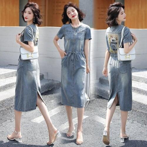 Summer Dress Denim 2021 New Spring Retro Embroidery Fashion Slim Long/Short-Sleeved Long Lace-Up Jeans Dresses Ladies