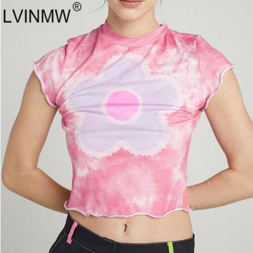 LVINMW T Shirt Floral Short Sleeve O Neck Slim Harajuku Graphic T Shirts Flower Print Casual Navel Women Tops Edible Tree Fungus