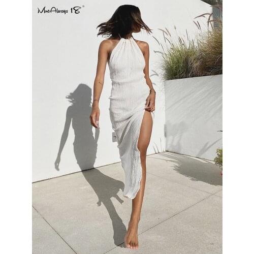 Mnealways18 Halter Neck High Slit Women Sexy Dress Club Evening Party White Long Dress Backless Bodycon Holiday Summer Sundress