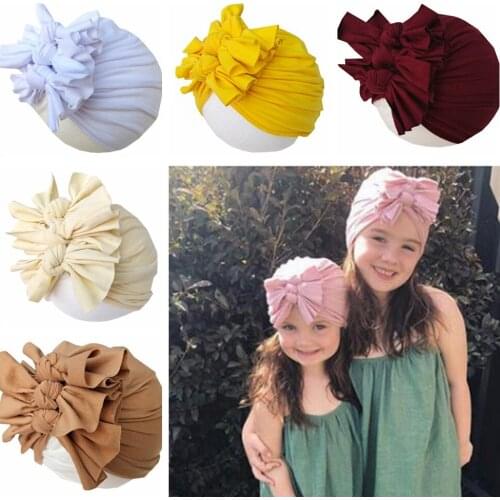 Fashion Handmade Knotted Baby Girls Indian Hats Solid Color Bowknot Toddler Caps Comfortable Cotton Kids Bonnet Birthday Gifts