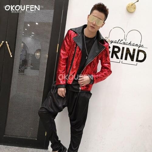 Nightclub male singer dancer stage show DJ host Performance jacket Costumes Red sequined motorcycle Jacket