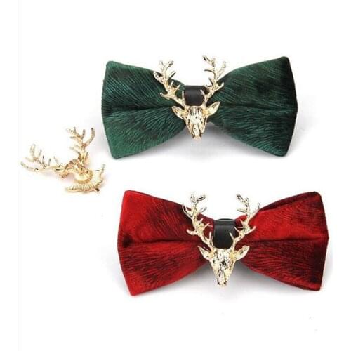 Ricnais New Golden Velvet Christmas Elk Head Bow Tie Men Necktie For Business Wedding Party Gift Skinny Cravats Luxurious Bowtie