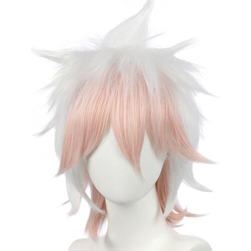 Danganronpa Dangan Ronpa Nagito Komaeda Cosplay Wig Short Gradient White Pink Curly Heat Resistant Synthetic Hair Wig + Wig Cap