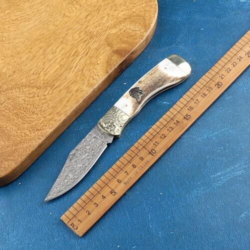 Portable Damascus Steel Antler Handle Outdoor Tactical Camping Hunting Kitchen Sharp Multifunctional EDC Tool Fruit Folding Knif