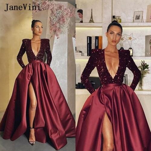 JaneVini Sexy Muslim Burgundy Evening Dresses Long Sleeves Deep V Neck Sequins High Split A Line Dubai Arabic Satin Formal Gowns