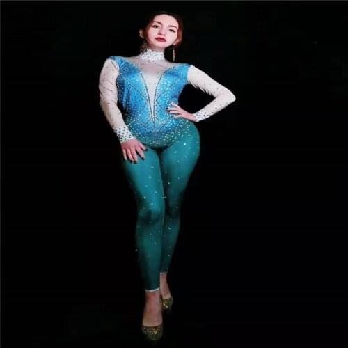 Y50 Female pole dance dress rhinestone blue bodysuit dj wears party outfits singer diamonds jumpsuit stage costumes ballroom bar
