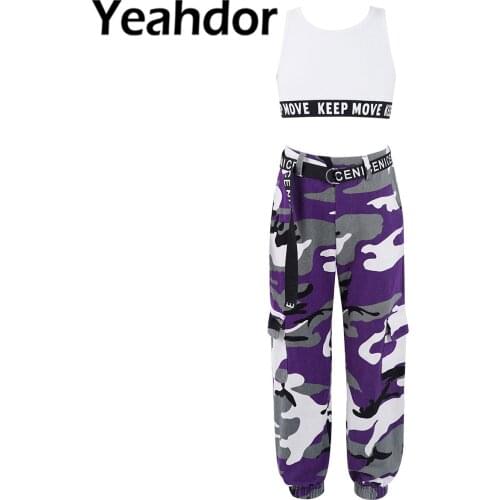 2Pcs Kids Girls Modern Dance Suit Sportwear Round Neck Sleeveless Vest Tank Tops and Camouflage Print Cargo Pants Tracksuit