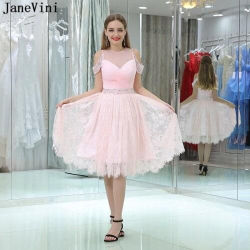 JaneVini Pink Short Plus Size Bridesmaid Dresses for Women A Line Sleeveless Illusion Back Elegant Sequins Beads Lace Prom Gowns