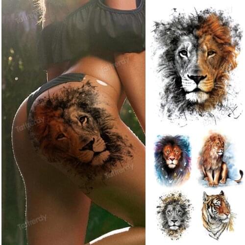Animal Tiger Lion Temporary Tattoos For Men Fox Wolf Eagle Fake Tattoo Sticker Forest King Big Tatoo Women Body Art Thigh Leg